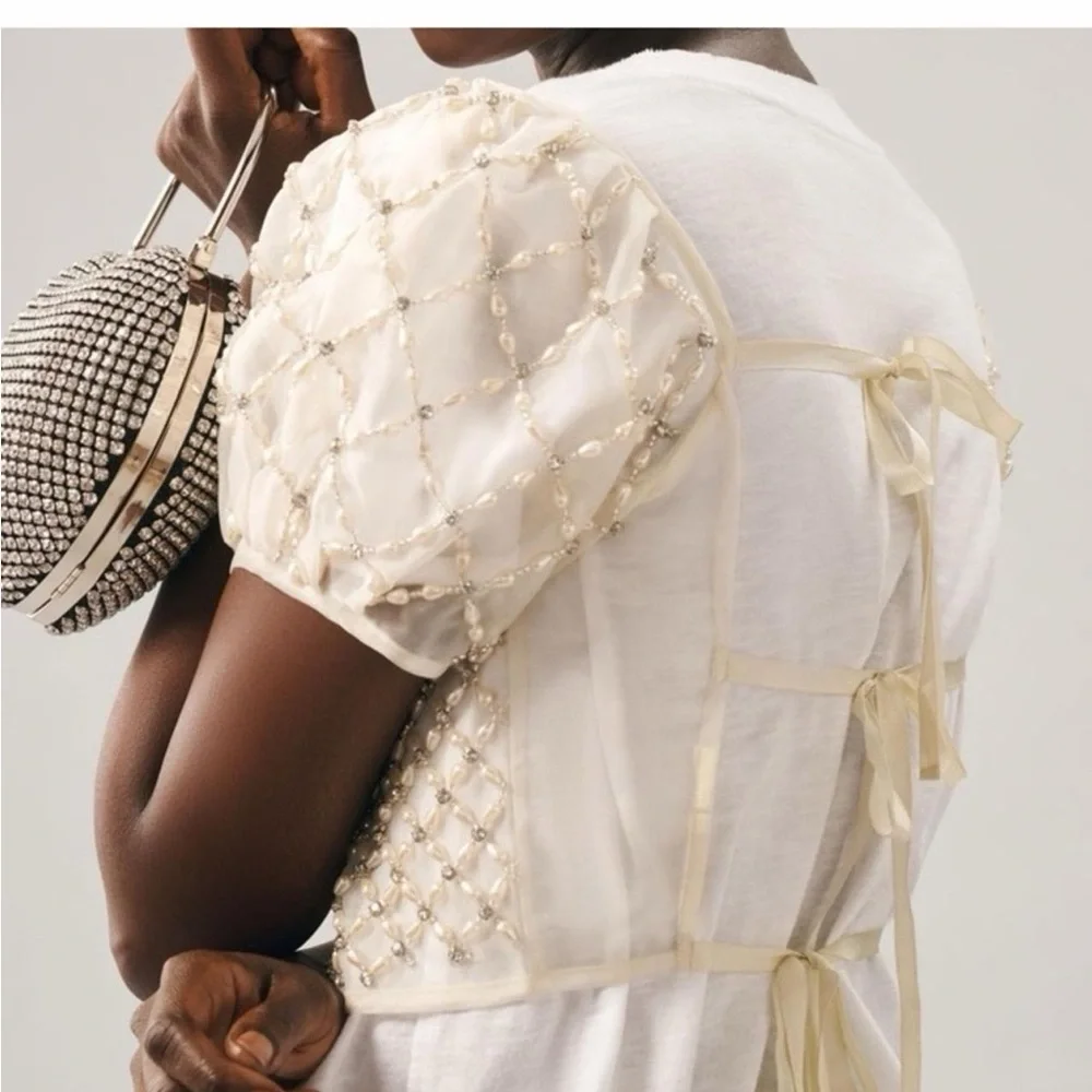 Anthropologie Beaded Puff Sleeve Embellished Top